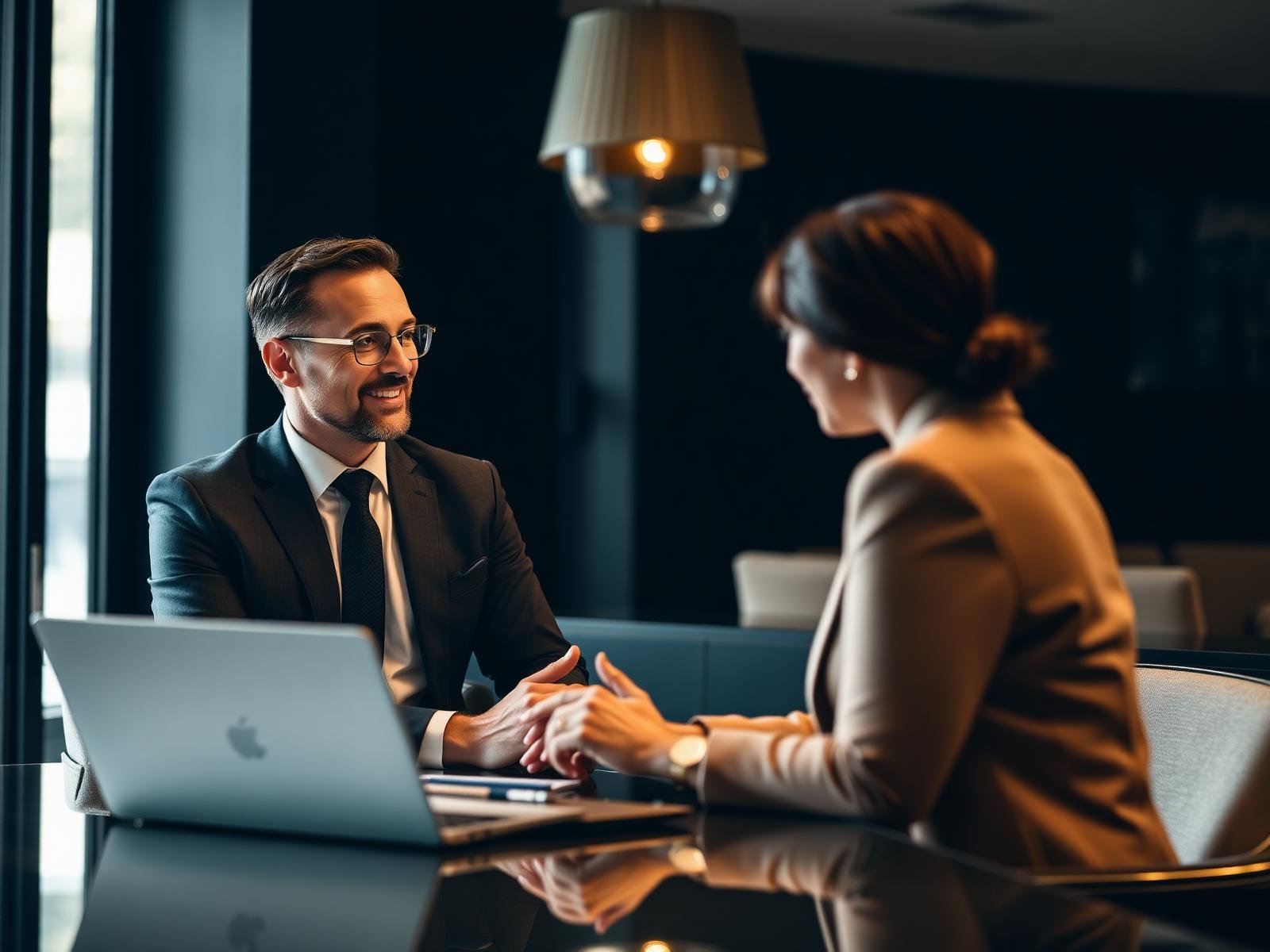 Asesor conversando con una cliente durante una consulta financiera