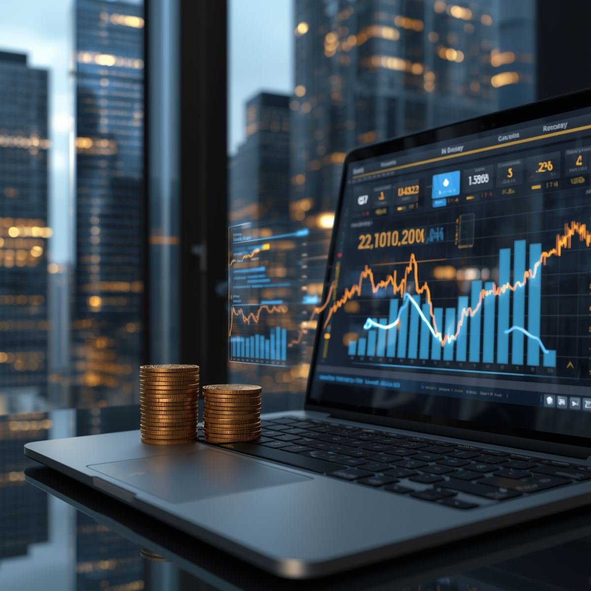 Computadora portátil con gráficas financieras sobre un escritorio
